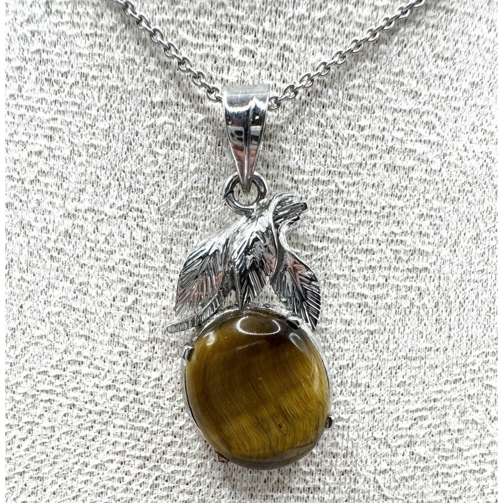 VTG Sterling Silver 925‎ Tigers Eye Pendant Necklace Leaf Design Amber Stone
